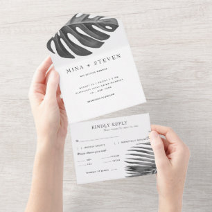 moderne tropische Hochzeit in Schwarz-Weiß All In One Einladung