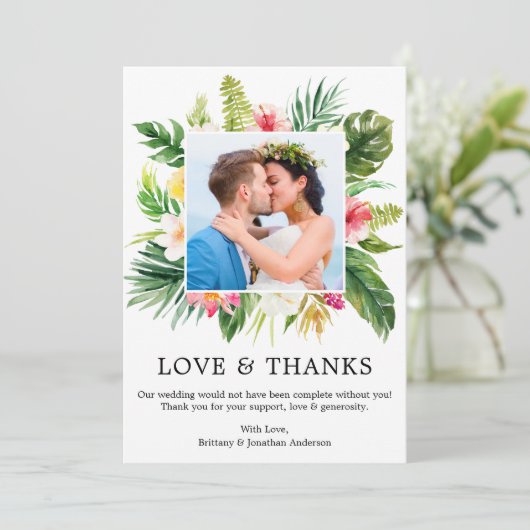 Moderne tropische Liebe und dank Hochzeit Dankeskarte (Stehend Vorderseite)