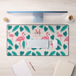 Moderne tropische Monogramm-Blätter Hot Pink Flami Schreibtischunterlage