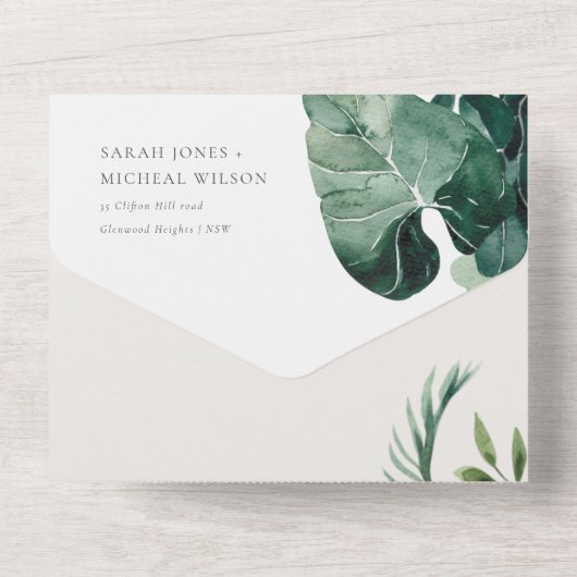 MODERNE TROPISCHE MONSTERA FOLIAGE GREEN WATERCOLO ALL IN ONE EINLADUNG (Rückseite)