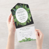 Moderne tropische Monstera Palm Blätter Black Wedd All In One Einladung (Abreißen)