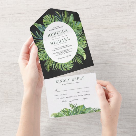 Moderne tropische Monstera Palm Blätter Black Wedd All In One Einladung (Abreißen)