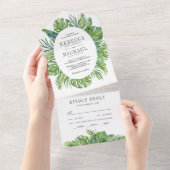 Moderne tropische Monstera Palm Blätter Hochzeit All In One Einladung (Abreißen)