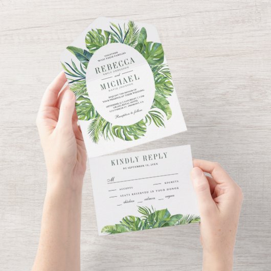 Moderne tropische Monstera Palm Blätter Hochzeit All In One Einladung (Abreißen)