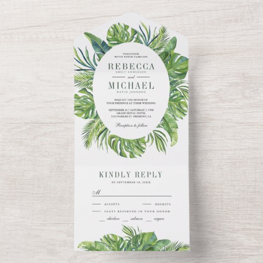 Moderne tropische Monstera Palm Blätter Hochzeit All In One Einladung (Innen Boden)
