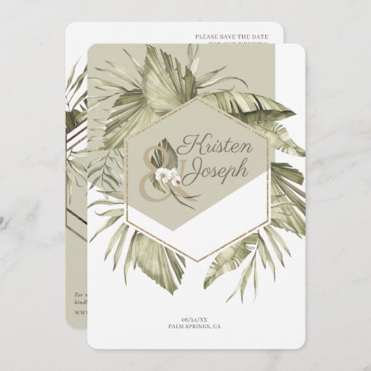 Moderne tropische Palmblätterrahmen Save The Date (Vorne/Hinten)