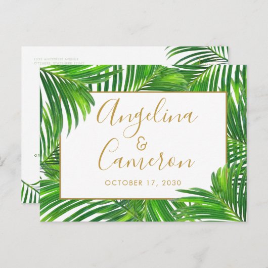 Moderne tropische Palmen Blätter Save the Date Postkarte (Vorne/Hinten)