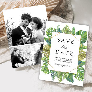 Moderne tropische Palmwedel-Foto-Collage-Hochzeit Save The Date