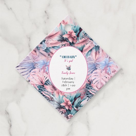 Moderne tropische pastellblaue Babydusche Geschenkanhänger (Vorderseite)