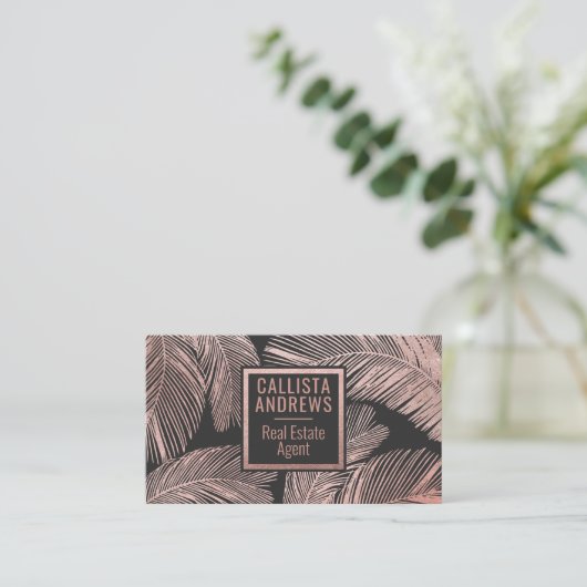 Moderne tropische Rose Goldenes Palmenblätterblatt Visitenkarte (Stehend Vorderseite)