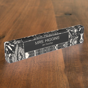 Moderne tropische Schwarze Creme Blätter Custom Te Namensplakette