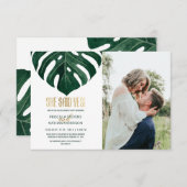 Moderne Tropische Schweizer Käse Leaf Gold Verlobu Ankündigung (Vorne/Hinten)