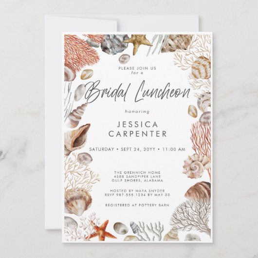 Moderne tropische Seashell Frame Bridal Luncheon Einladung (Vorderseite)