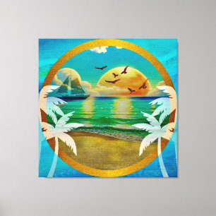 Moderne tropische Strandpalmen Sonnenuntergang Url Leinwanddruck