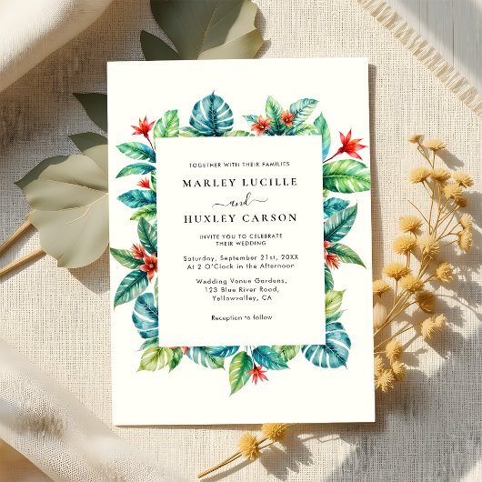 Moderne tropische Vegetation Rahmen Sommerhochzeit Einladung