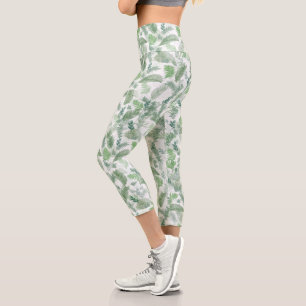Moderne tropische Vegetation Weißes Grün Capri Leggings