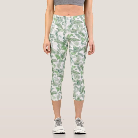 Moderne tropische Vegetation Weißes Grün Capri Leggings (Vorderseite)