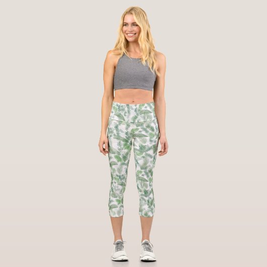 Moderne tropische Vegetation Weißes Grün Capri Leggings (Vorderseite)