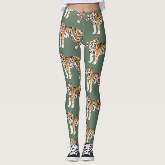 Moderne tropische Wasserfarben Tiger Wildmuster Leggings (Vorderseite)