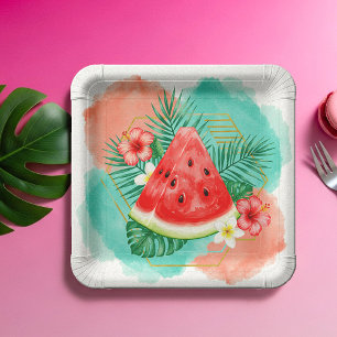 Moderne tropische Wassermelone & Hibiskus-Wasserfa Pappteller