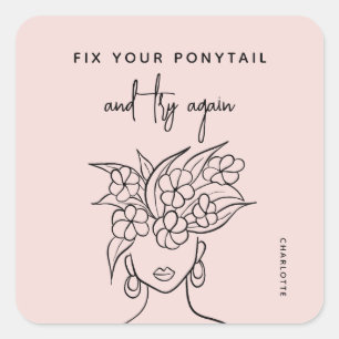 Moderne Try Again Frauen mit Blume Personalisiert Quadratischer Aufkleber