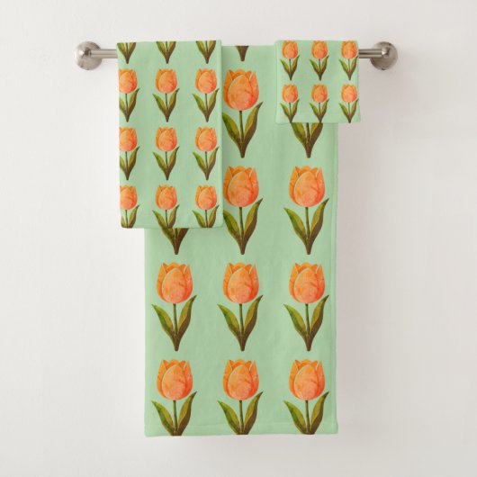 Moderne Tulpenblumenmuster auf Hellgrün Badhandtuch Set (Insitu)