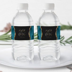Moderne Türkis Blau Gold Achat Dunkle Hochzeit Wasserflaschenetikett