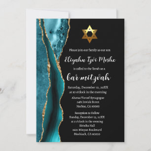 Moderne Türkis Blau Schwarz und Gold Bar Mitzwa Einladung
