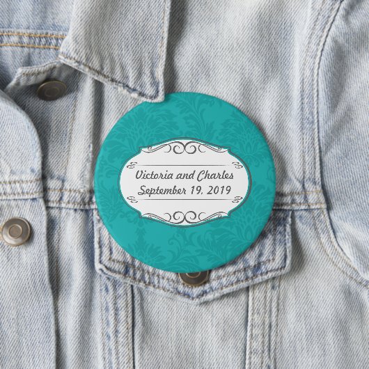 Moderne Türkis-Chartreuse Damask Hochzeit Button (Beispiel)