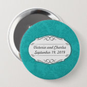 Moderne Türkis-Chartreuse Damask Hochzeit Button (Vorne & Hinten)