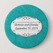 Moderne Türkis-Chartreuse Damask Hochzeit Button (Vorderseite)