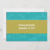 Moderne Türkis-Chartreuse Damask Hochzeit Einladung (Rückseite)