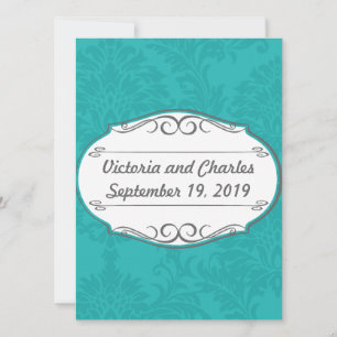 Moderne Türkis-Chartreuse Damask Hochzeit Einladung