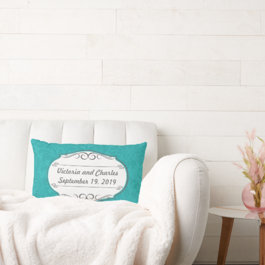 Moderne Türkis-Chartreuse Damask Hochzeit Lendenkissen (Liege)