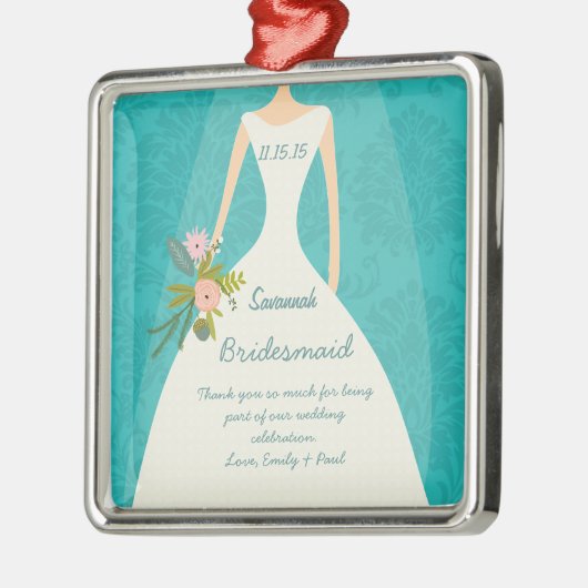 Moderne Türkis-Chartreuse Damask Hochzeit Ornament Aus Metall (Links)