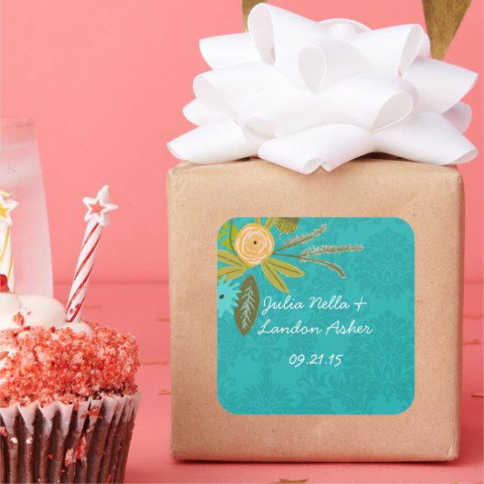 Moderne Türkis-Chartreuse Damask Hochzeit Quadratischer Aufkleber (Party)