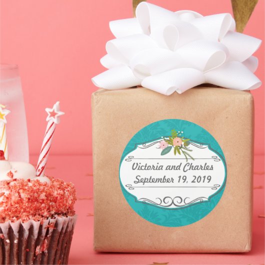 Moderne Türkis-Chartreuse Damask Hochzeit Runder Aufkleber (Party)