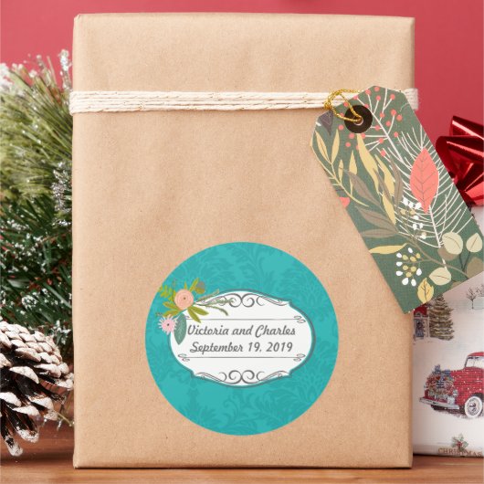 Moderne Türkis-Chartreuse Damask Hochzeit Runder Aufkleber (Feiertag)