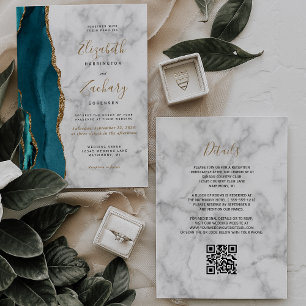 Moderne Türkis-Gold-Achat-Marmor-QR-Code-Hochzeit Einladung