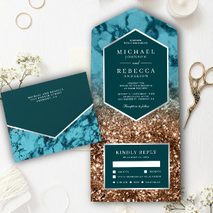 Moderne Türkis-Marmor-Bronze-Glitter-Hochzeit All In One Einladung