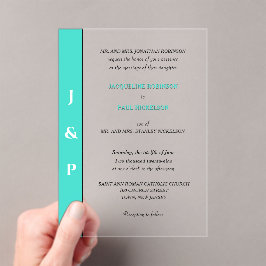 Moderne Türkis Monogram Bridge and Groom Acryleinladungen