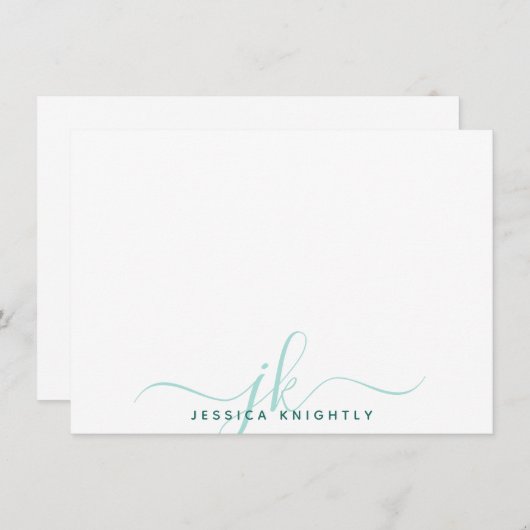 Moderne Türkis-Script-Monogram-Initialen Mitteilungskarte (Vorne/Hinten)