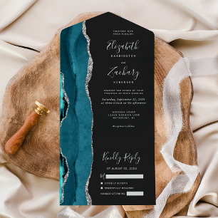 Moderne Türkis Silber Achat Dunkle Hochzeit All In One Einladung