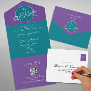 Moderne Türkis-Violette Hochzeitseinladung mit QR- All In One Einladung