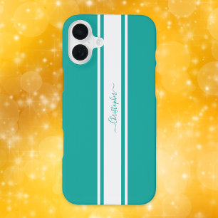 Moderne Türkis Weiße Rennstreifen Monogramm Chic iPhone 16 Plus Hülle