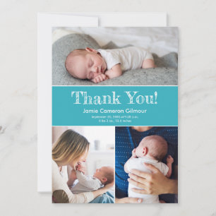 Moderne Türkisblaue 3-Foto-Baby-Shower-Geburt Dankeskarte