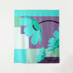 Moderne Türkisblaue Blumen-Wandteppich Wandteppich