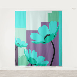 Moderne Türkisblaue Blumenwandteppich Wandteppich