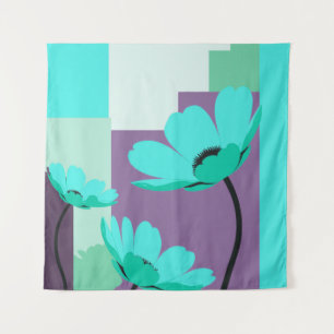 Moderne Türkisblaue Blumenwandteppich Wandteppich