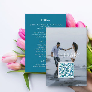 Moderne Türkisblaue Foto-Hochzeits-Itinerary- QR-C Begleitkarte